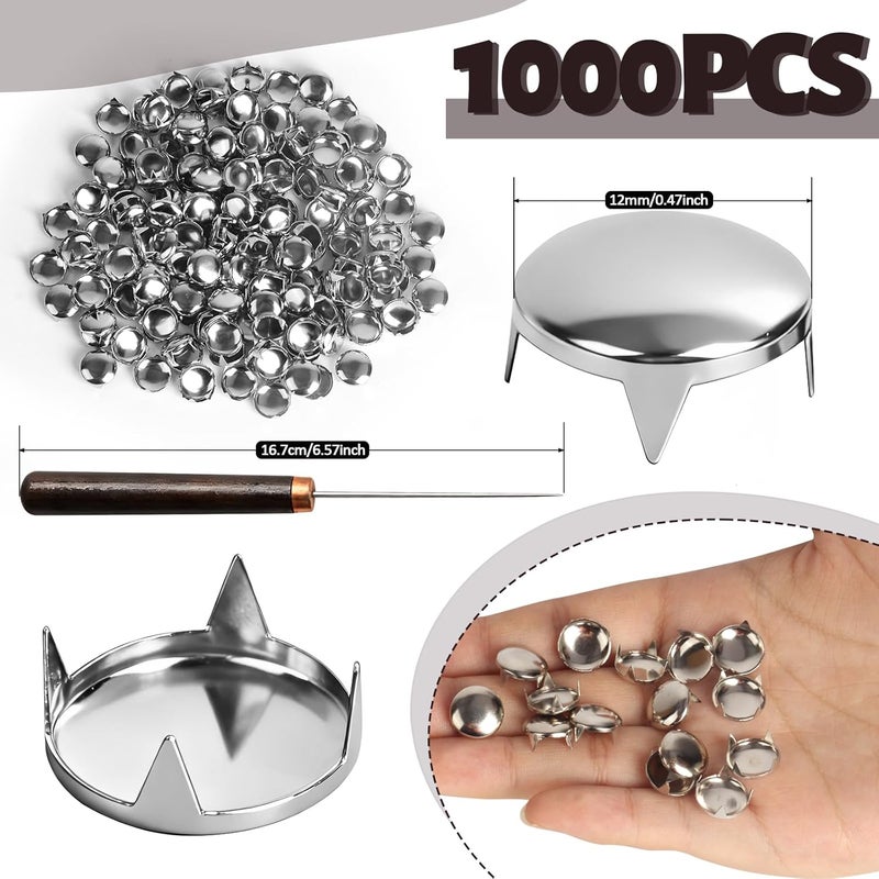 CXIIPOL 1000 Pieces 12 mm Round Dome Studs for Clothing, Silver Studs for Clothing, Punk Spikes for Clothes, Bag, Leather, Shoes, Dog Collars with Awl - Image 2